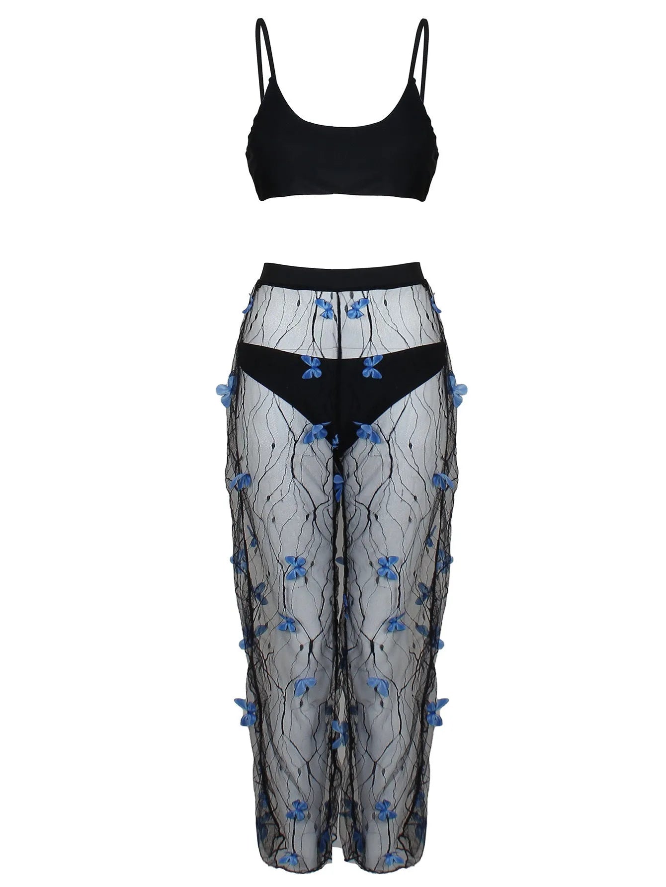 Black women's bikini three-piece set with butterfly print on transparent voile fabric