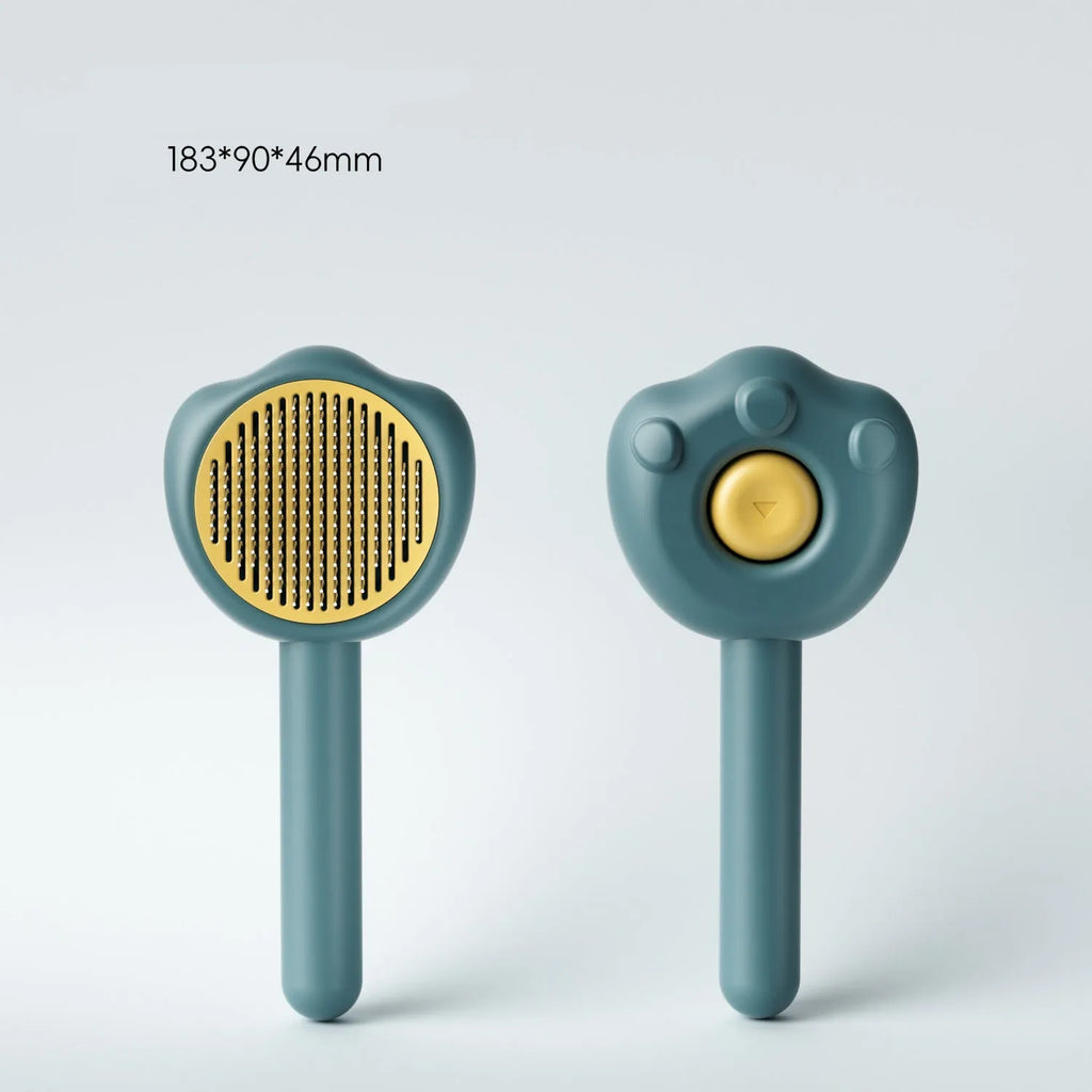 Pet grooming comb with self-cleaning mechanism in blue, green, and yellow colour options
