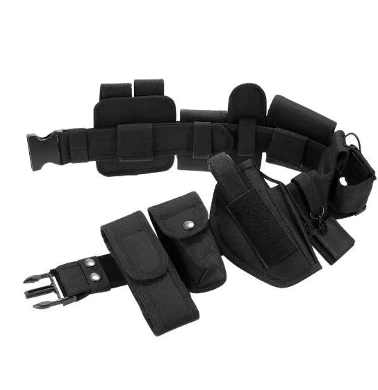 Black 600D nylon tactical duty belt with quick-release plastic buckle on plain background