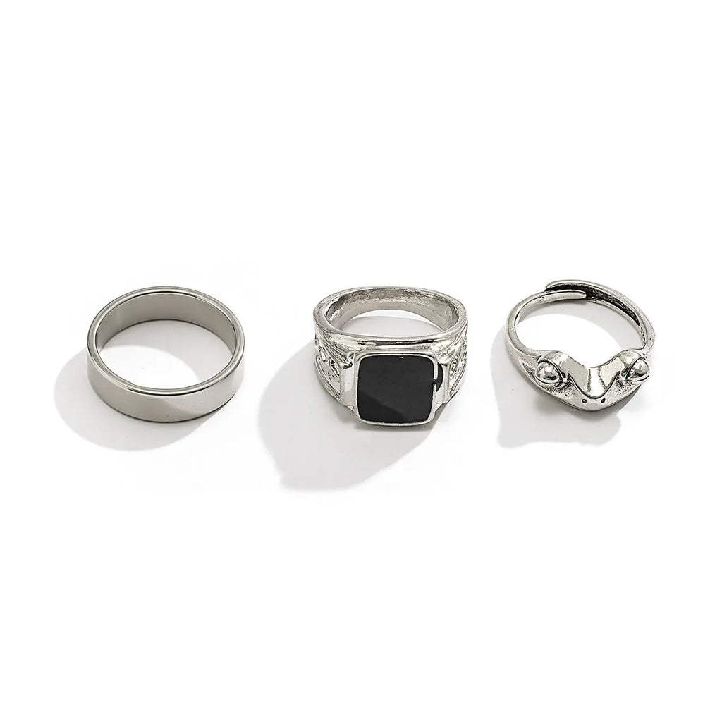 Three-piece frog square drip ring set in antique silver alloy with geometric design.