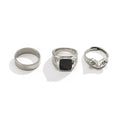 Three-piece frog square drip ring set in antique silver alloy with geometric design.