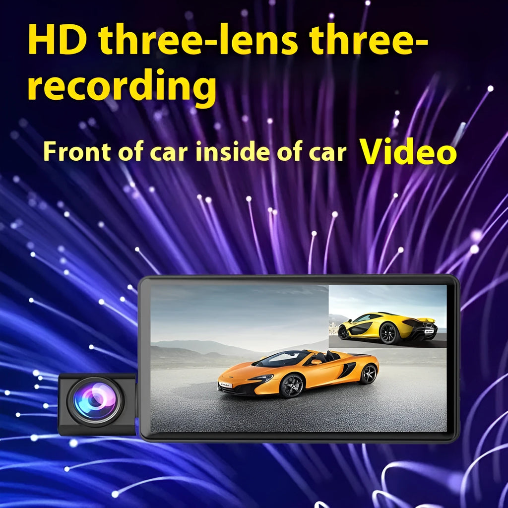 Black three-lens dashcam with 4-inch touchscreen display for front and rear car recording