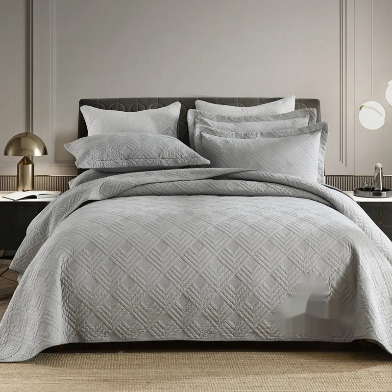 Pure cotton bed cover three-piece set showing bedspread-style design with solid colour pattern
