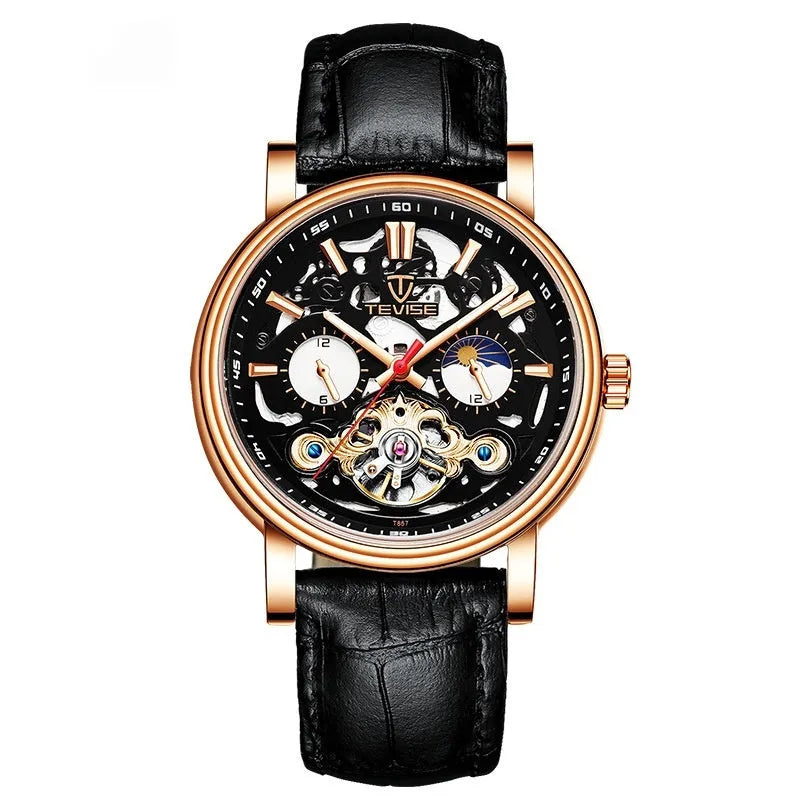 Men's casual luminous waterproof mechanical watch with visible tourbillon movement on wrist.
