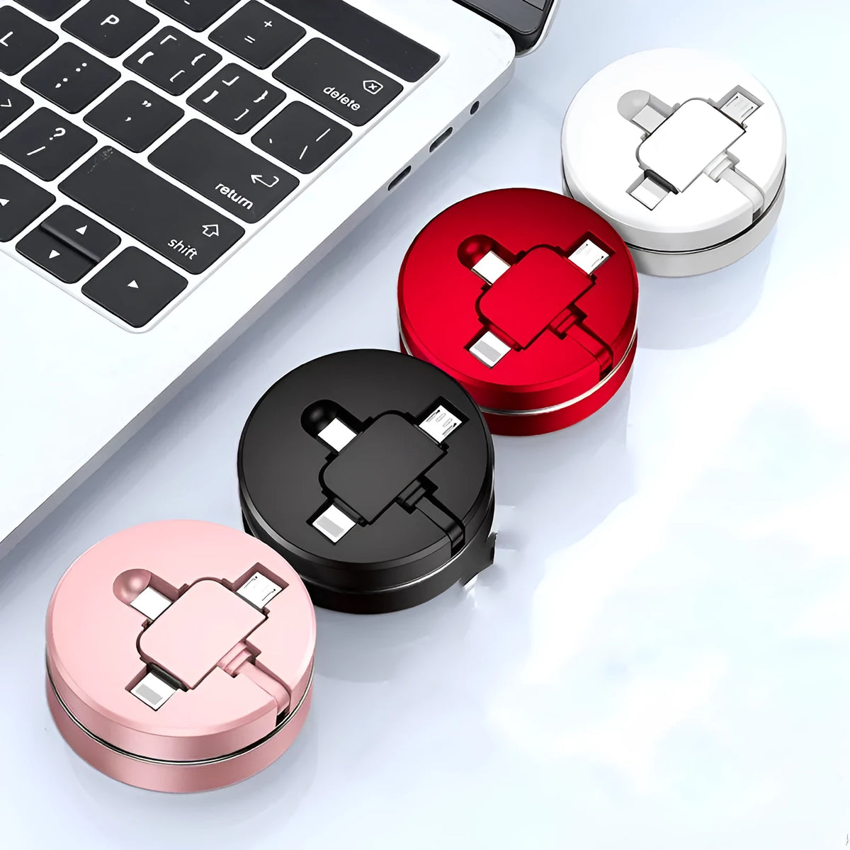 Three-in-one telescopic charging cable with Lightning, micro USB, and Type-C connectors in 100cm fireproof TPE, available in red, black, and white