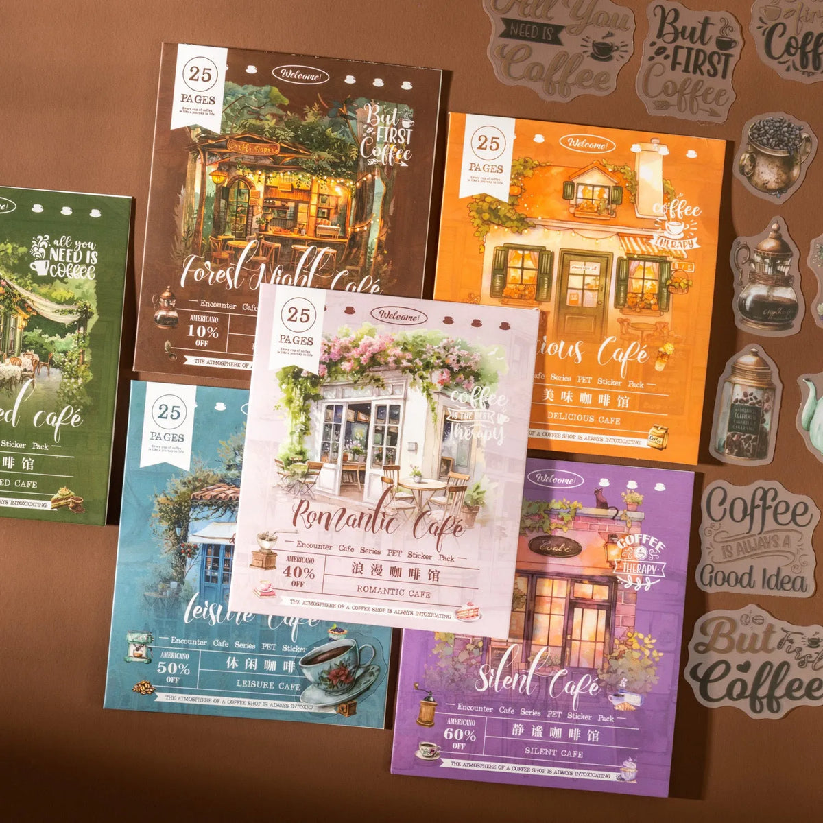Encounter Cafe Series hand account sticker package with retro cafe designs, 25 or 75 matte paper stickers