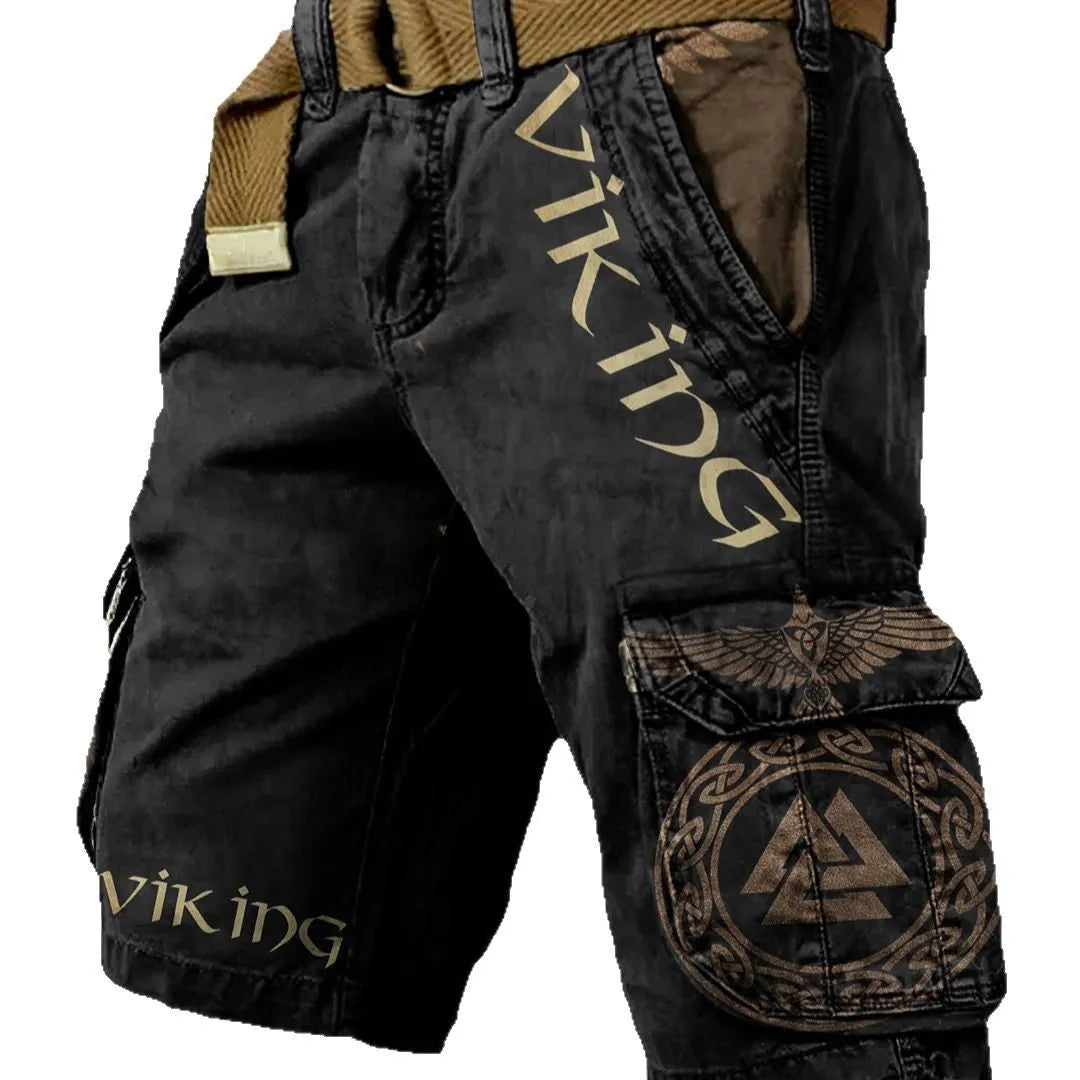 Men's black shorts with 3D digital print design and a full-length zip closure.