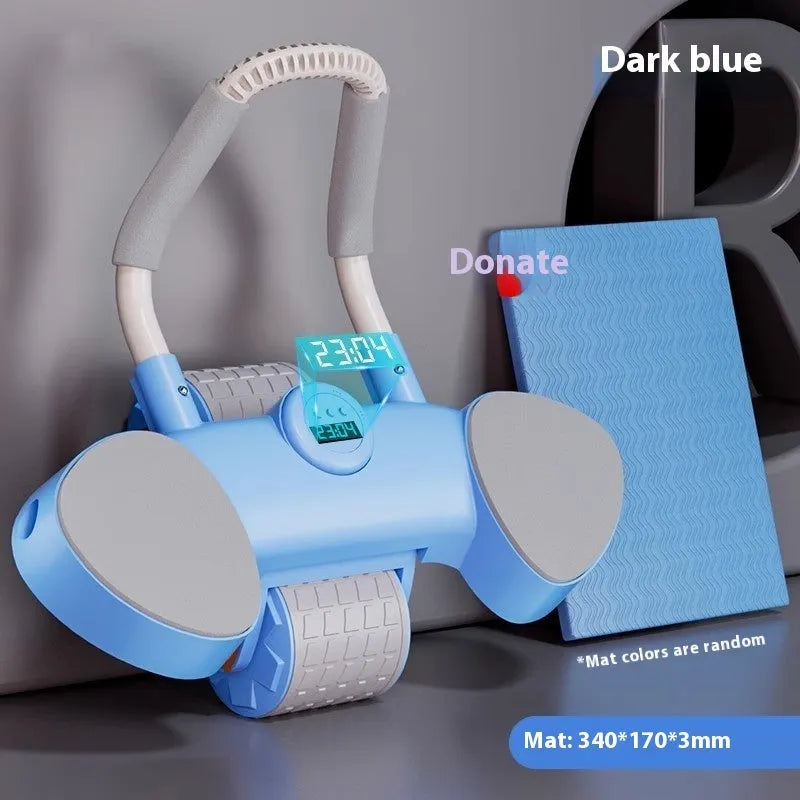 Blue abdominal exercise wheel with large padded elbow supports on a home floor.
