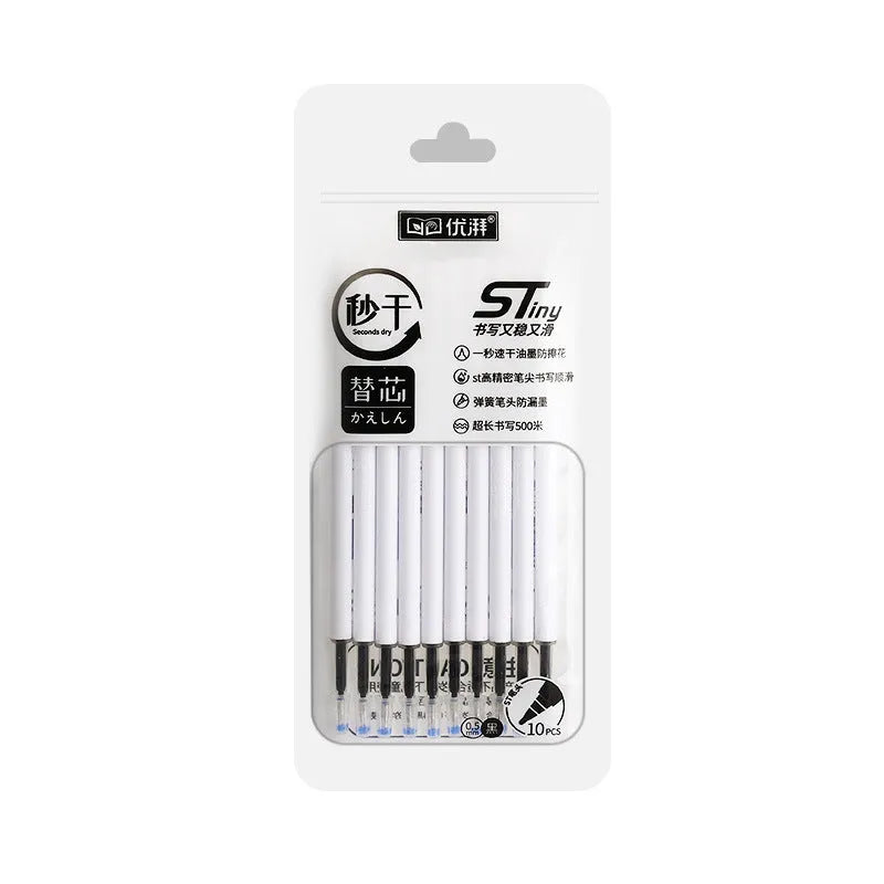 A 10-pack of quick-drying gel pen refills in black, blue, red, and ink blue colours for bullet point pens.