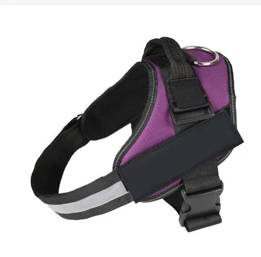 Adjustable dog harness with mesh padded vest in assorted colours, showing reflective strips and D-ring leash attachment.