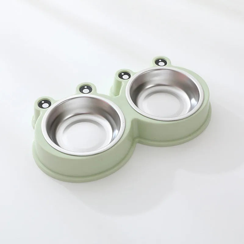Stainless steel pet double bowl for cat and dog feeding in blue, green, and pink colours.