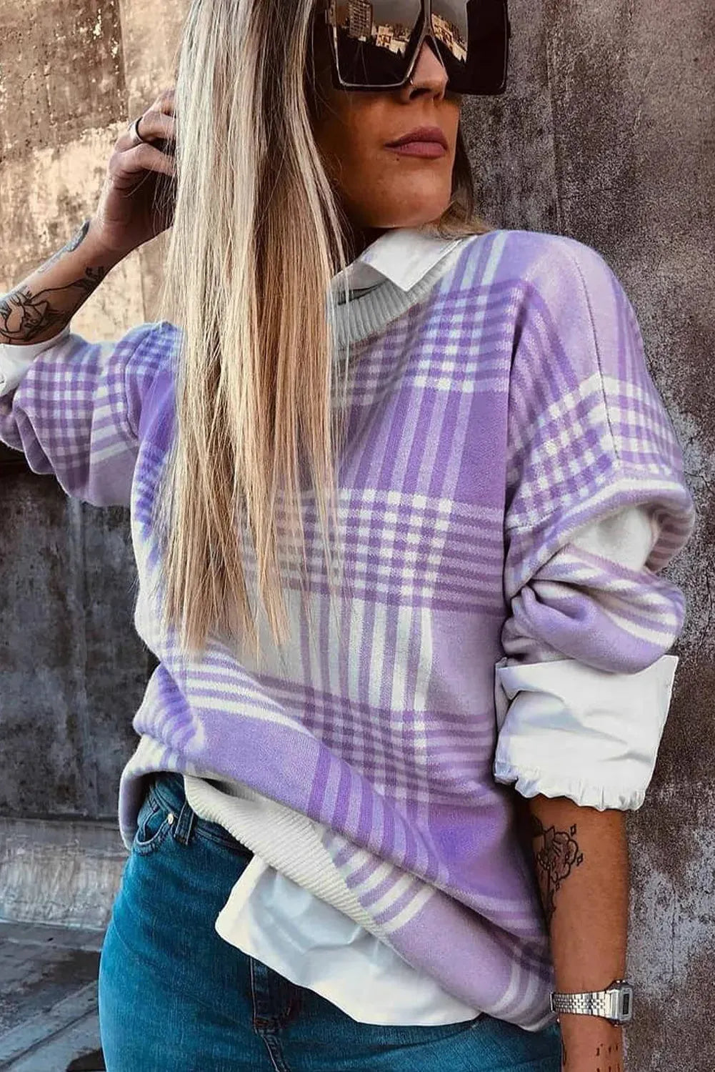Lilac plaid print loose women's sweater with ribbed trim on long sleeves.