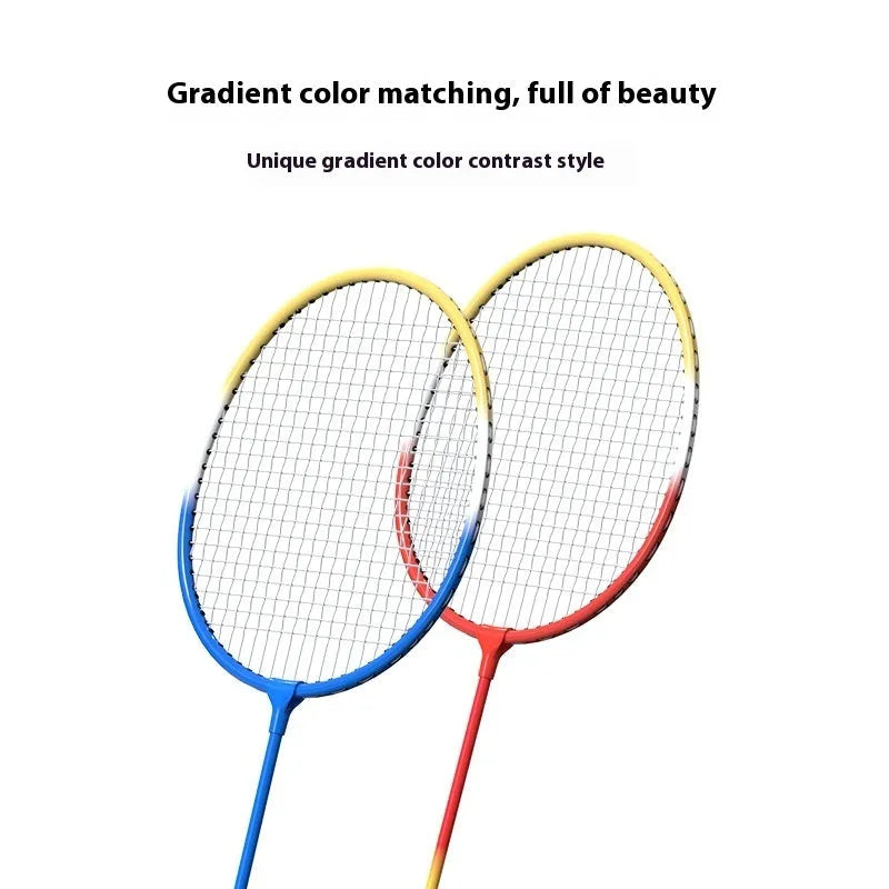 A pair of ultra-light alloy badminton rackets, one blue and one red, laid side by side.
