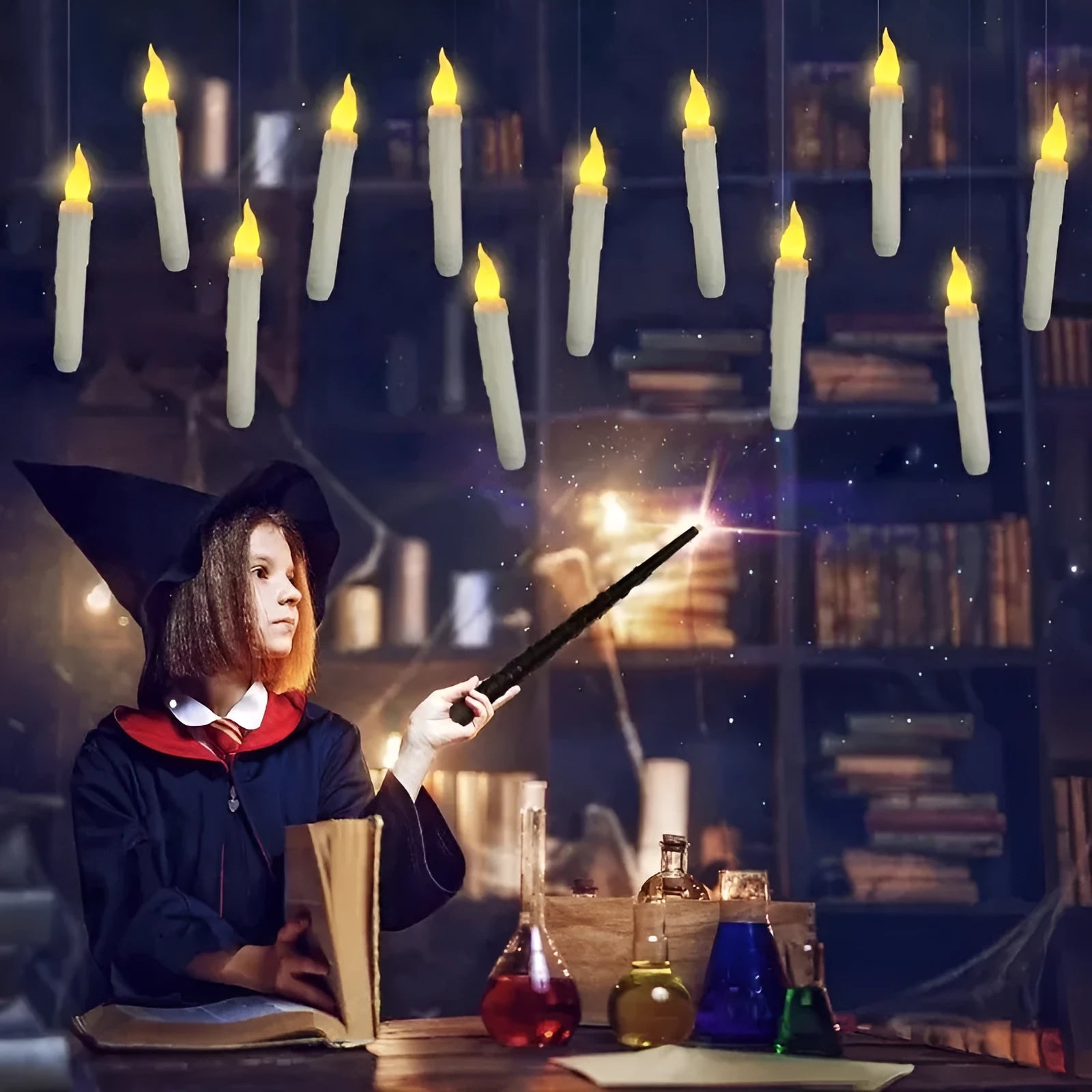 12 white floating LED candles with magic wand remote control and fishing line for hanging Christmas Halloween party decor