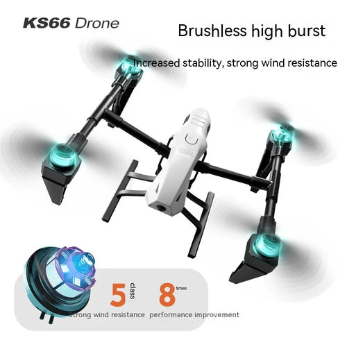 White KS66 alloy UAV drone with camera and remote control on grass, spare propellers and storage bag shown alongside.