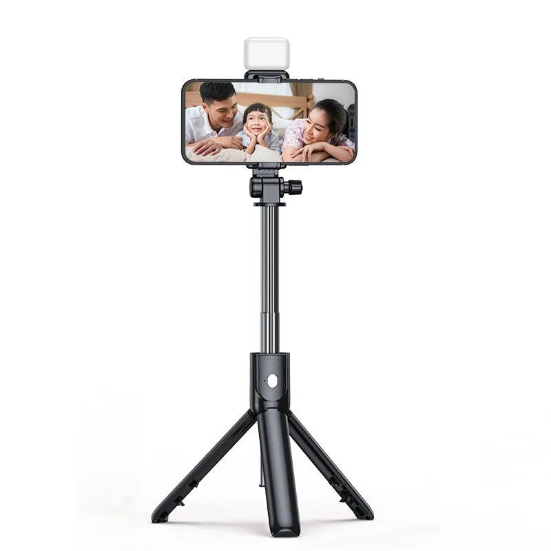 Black portable tripod selfie stick with stainless steel and alloy construction for mobile phone holder