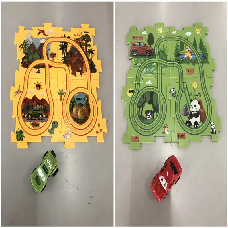 Children puzzle electric railroad speeder with DIY assembly track and automatic car, dinosaur theme