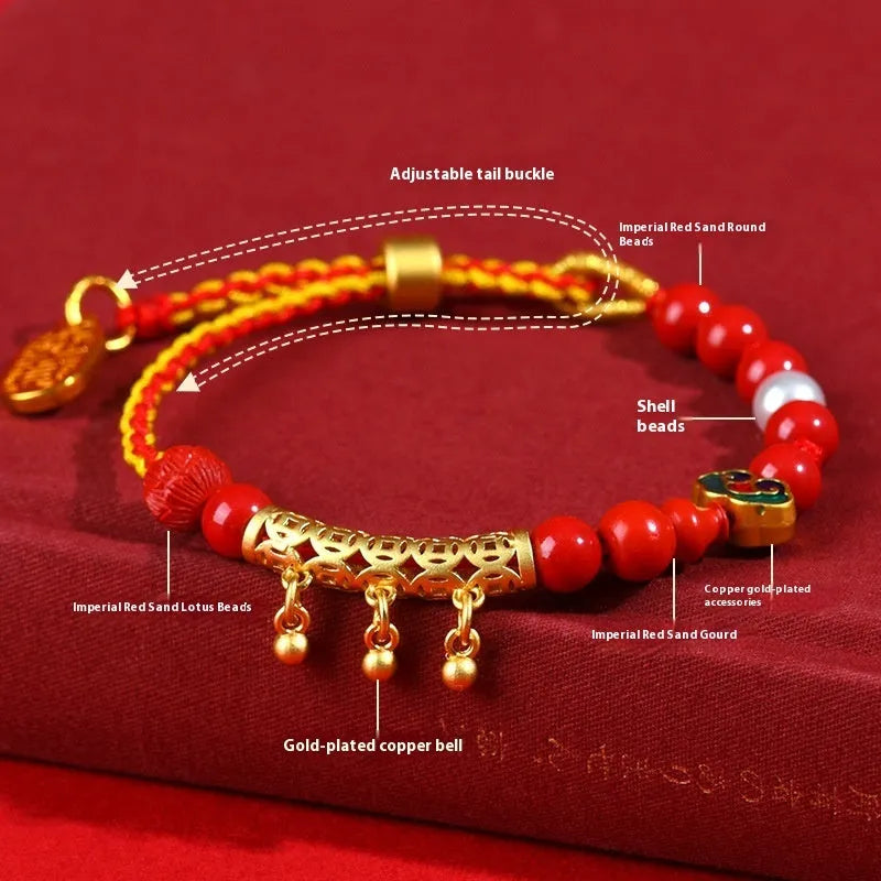 Red cinnabar bead bracelet with hand-woven construction and round geometric elements