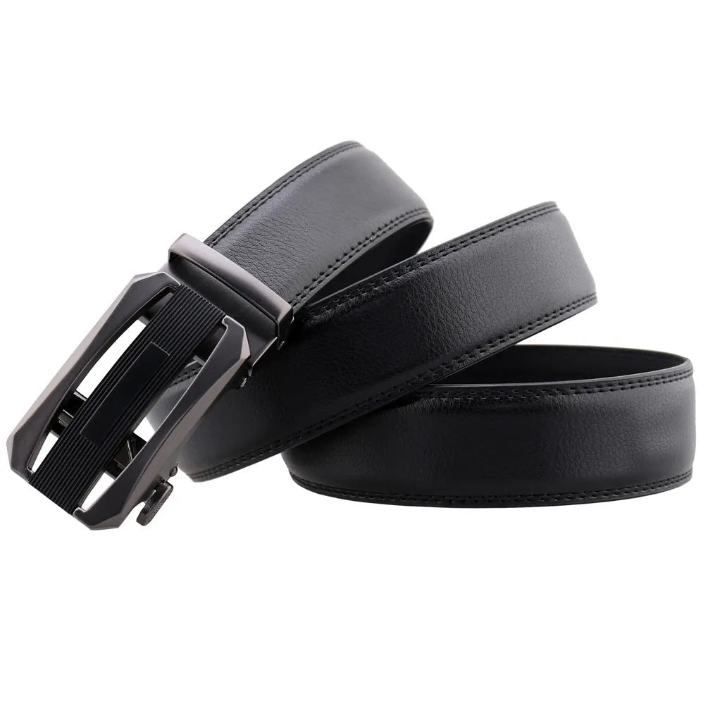 Men's business belt with rectangular matte gun alloy buckle and two-layer cowhide strap, 110-130cm, black or brown options