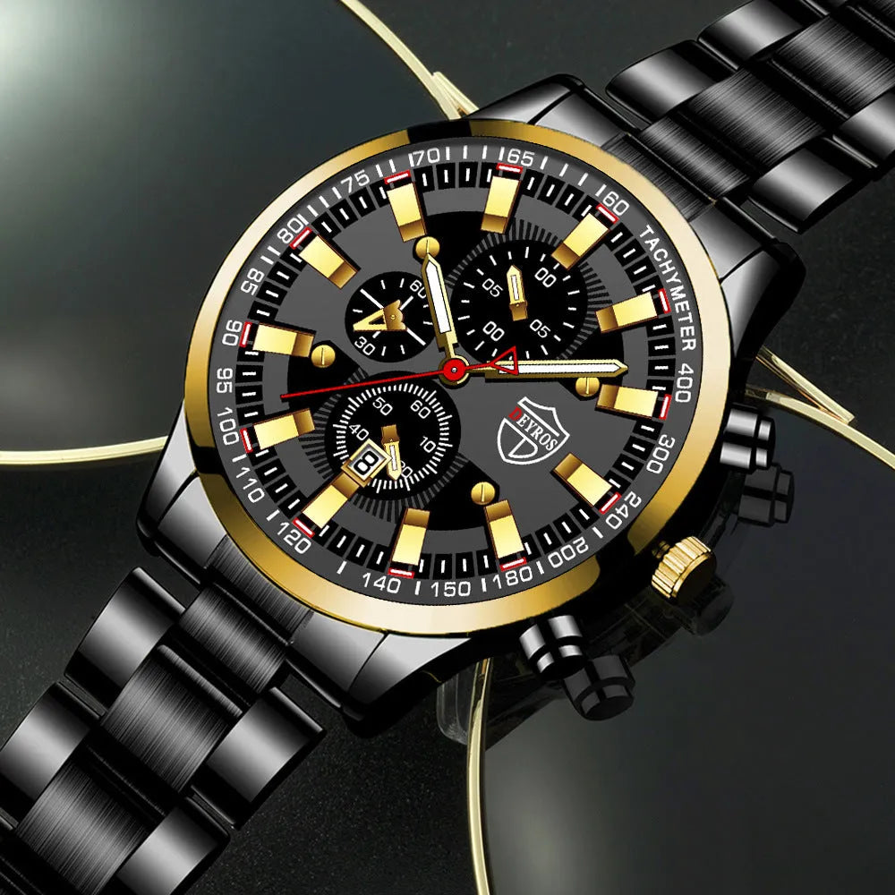 Stainless steel luminous quartz wristwatch for men, black dial, 42mm, stainless steel band with single fold buckle