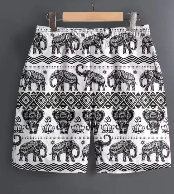 Men's polyester sports shorts showing multiple pattern options including stripes, plaids and camouflage designs