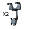 Black rearview mirror car phone holder with telescopic arm and four-claw bracket on a car mirror.