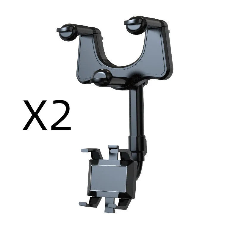 Black rearview mirror car phone holder with telescopic arm and four-claw bracket on a car mirror.
