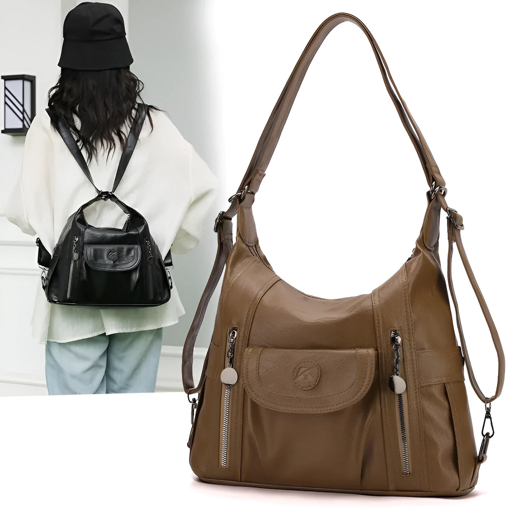 Women's multi-functional shoulder messenger bag in black PU leather with horizontal square shape and sewing line detailing
