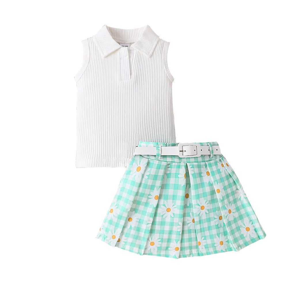 Girls three-piece skirt suit with sleeveless stripe top, daisy plaid skirt, and belt in green colour