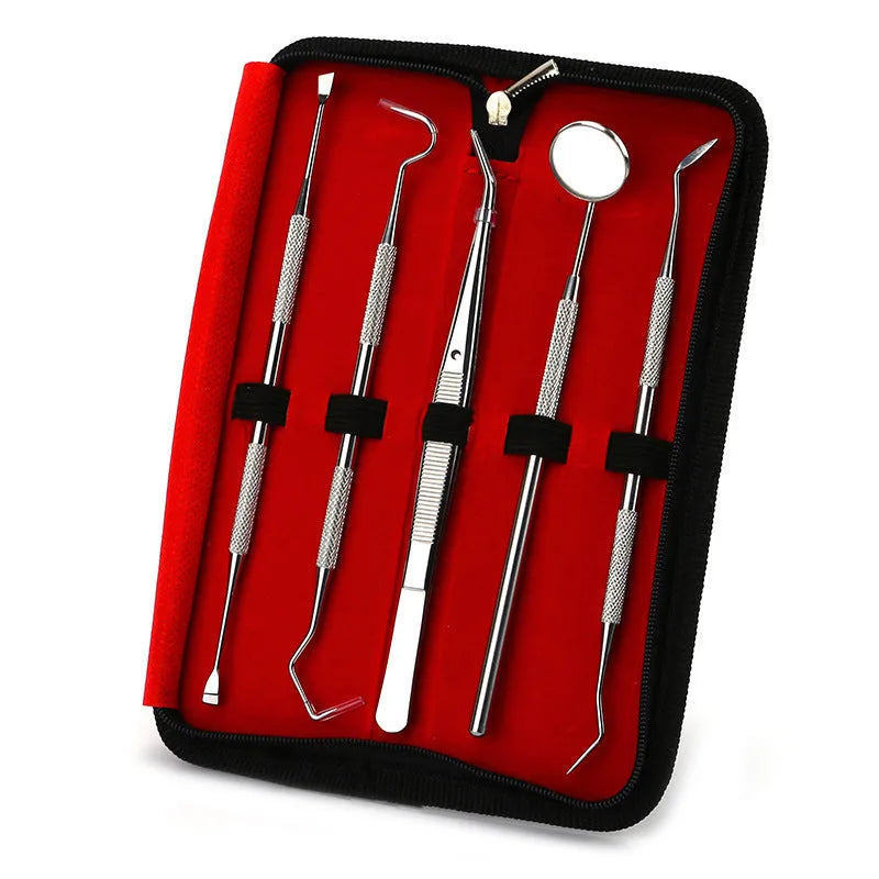 Stainless steel dental tools set with oral mirror in 5 pieces for home tooth care cleaning