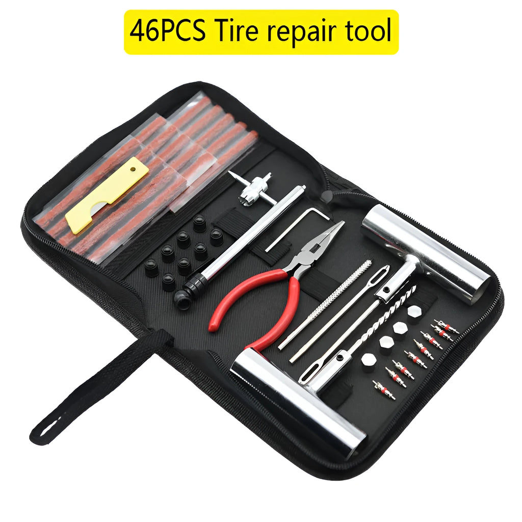 43-piece tyre repair kit in cloth bag with 45 steel case measuring 32x20x5cm