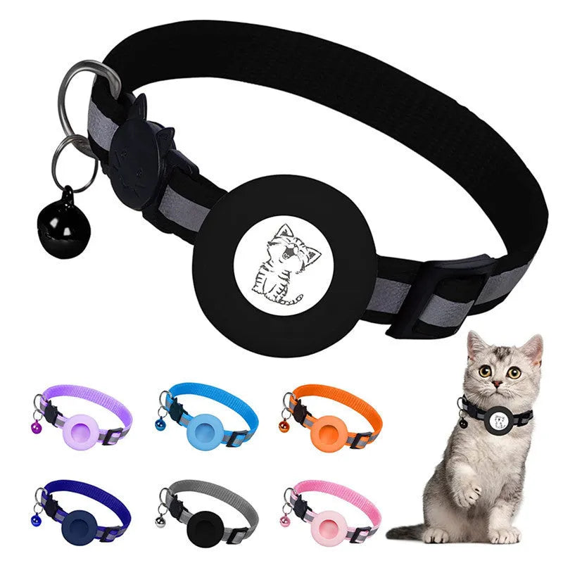 Striped polyester AirTag pet collar with reflective stripes and bell in black, orange, sky blue, pink, dark blue or purple