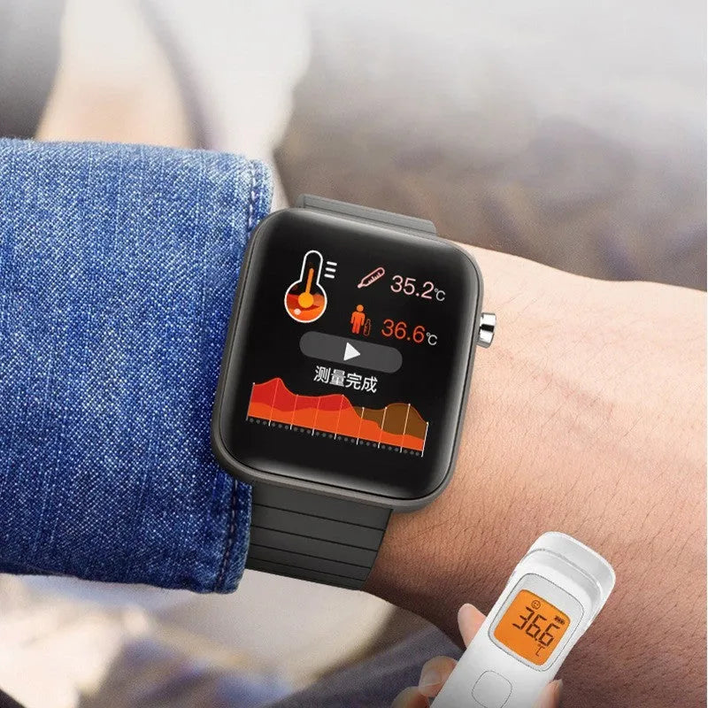 Black intelligent bracelet with touchscreen displaying blood pressure and body temperature readings