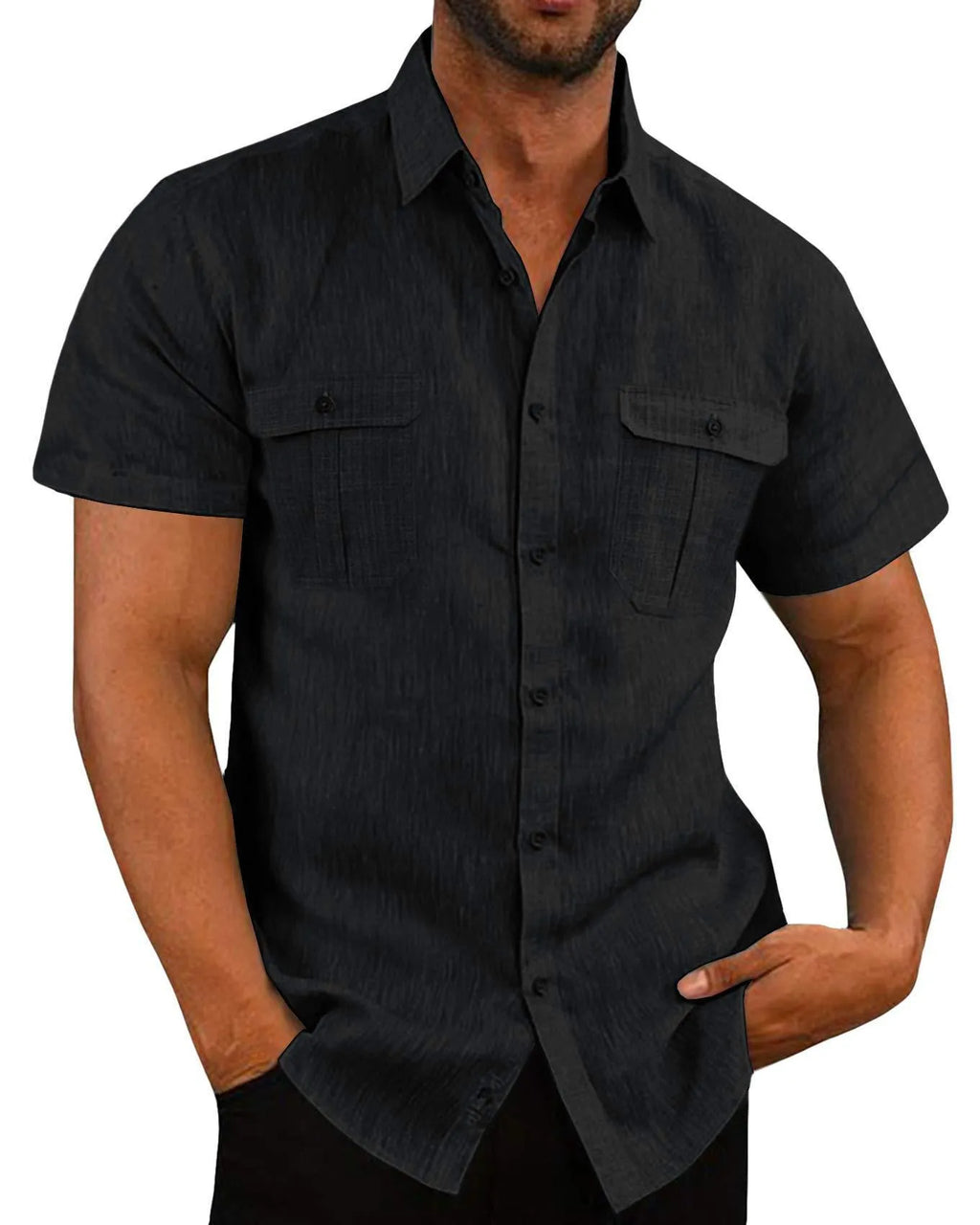 Men's hemp blend short sleeve shirt with double pockets and wide collar in solid colour