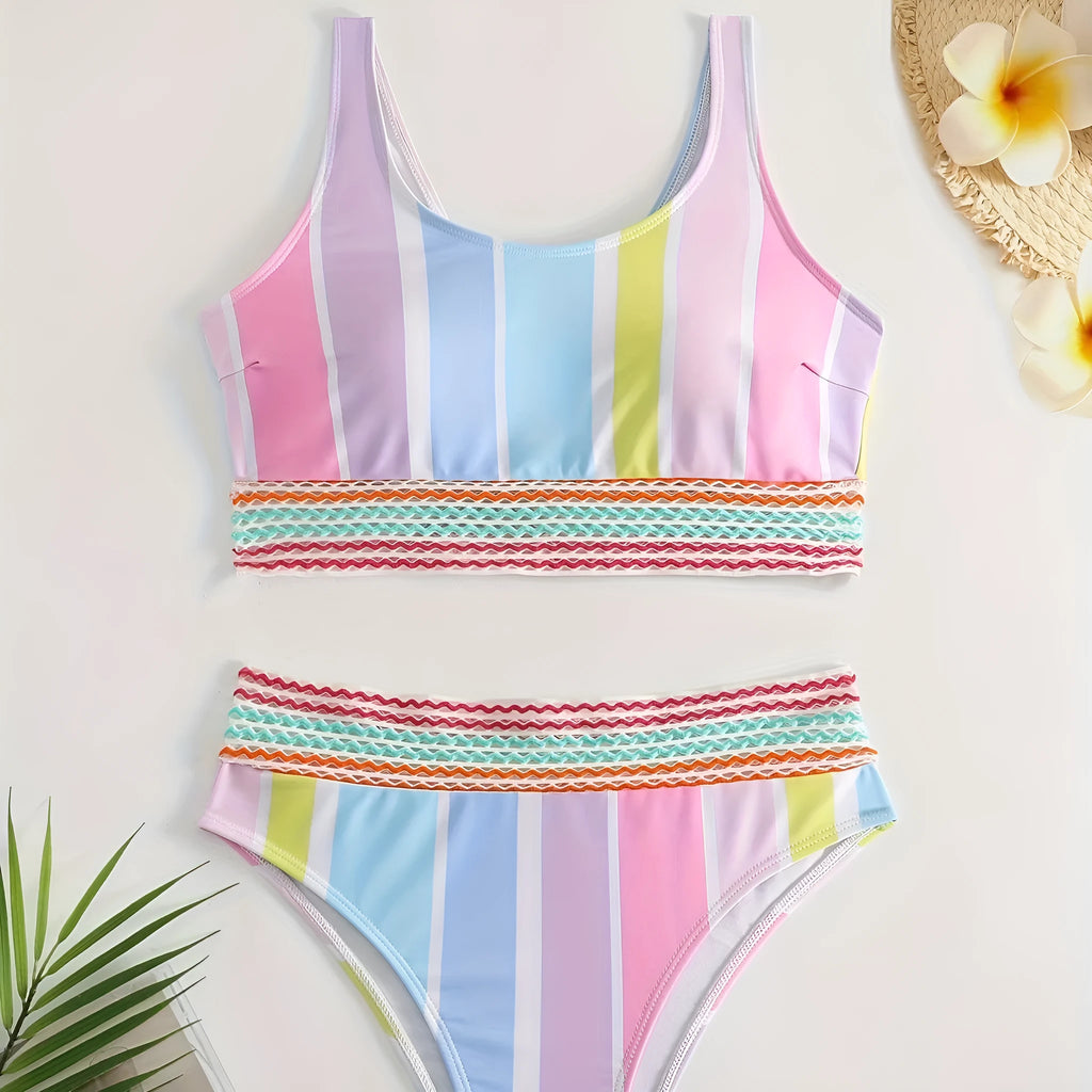 Women's striped two-piece bikini set in briefs style, shown in picture colour, for swimming and sports.