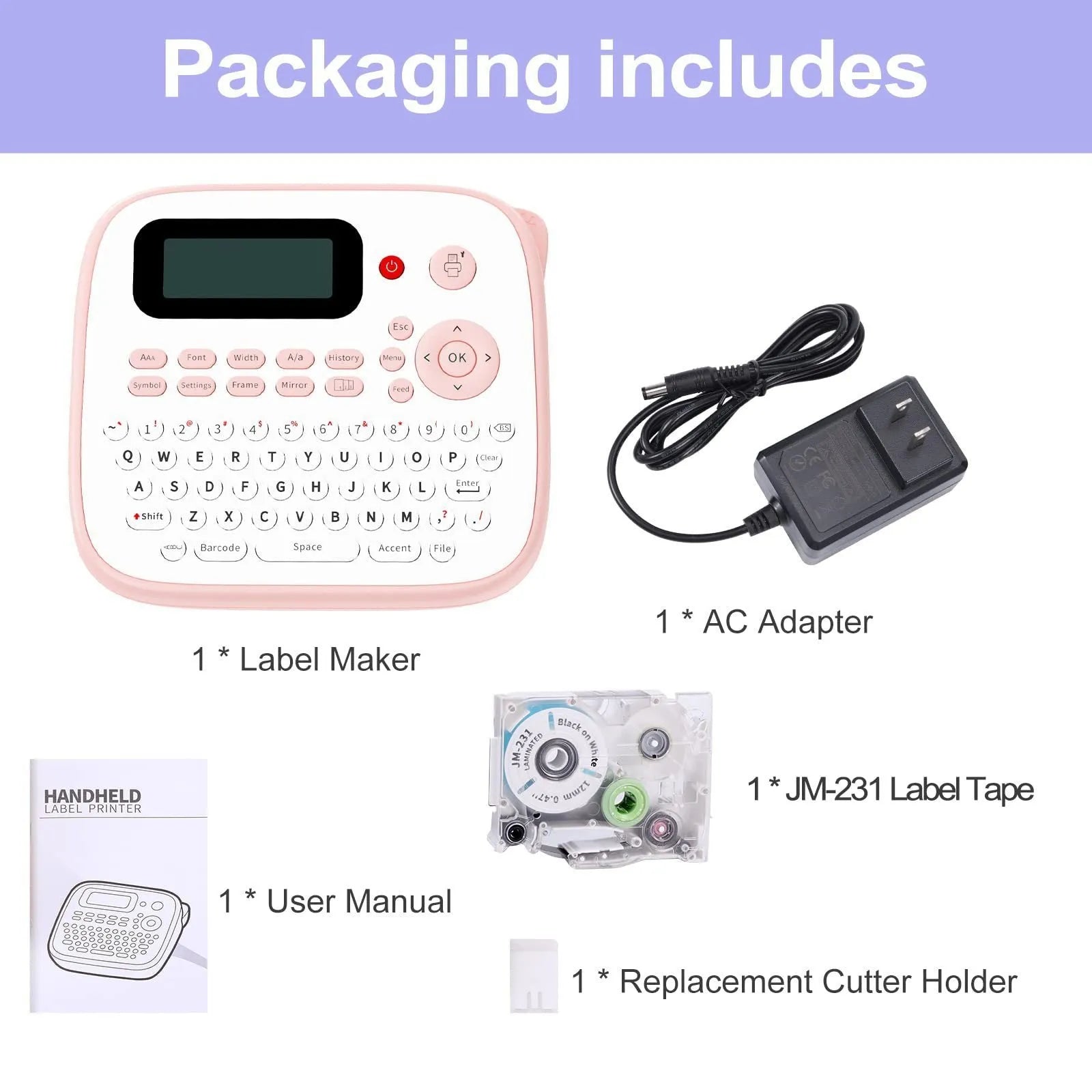 Mini portable ink-free Bluetooth label printer in pink with label tape roll, UK AC adapter, and user manual on a desk