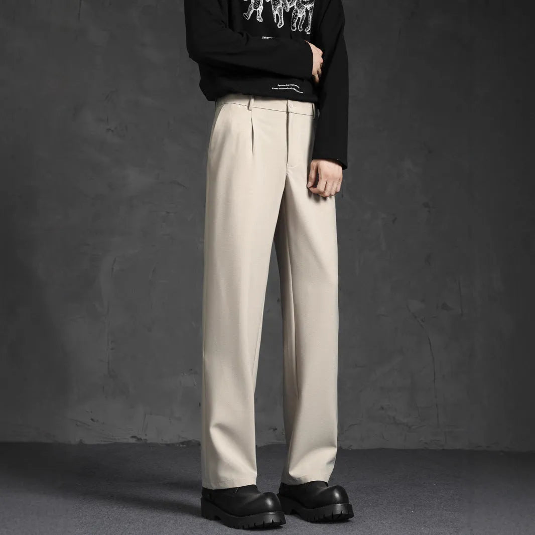 Black loose straight-leg casual suit trousers in polyester with mid waist and button fly, sizes S to 5XL
