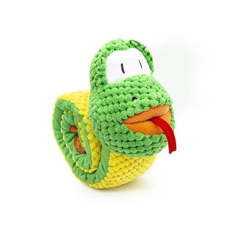 Plush velvet dog toy in transformable snail or stick shape with hidden treat holes.