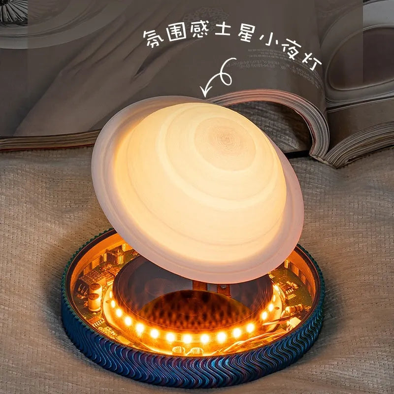A small, 3D-printed moon night light hanging in mid-air via magnetic suspension.