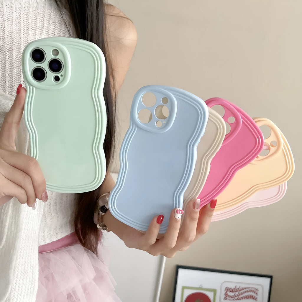 Pastel coloured candy wave pattern TPU phone case for iPhone on a white background.
