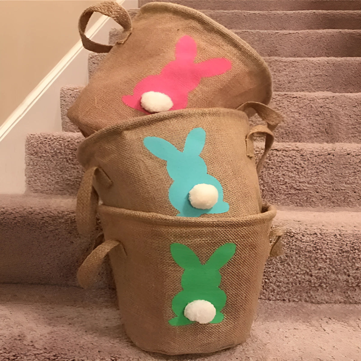Jute tote bag Easter basket in green with double carry handles, 23x23cm size