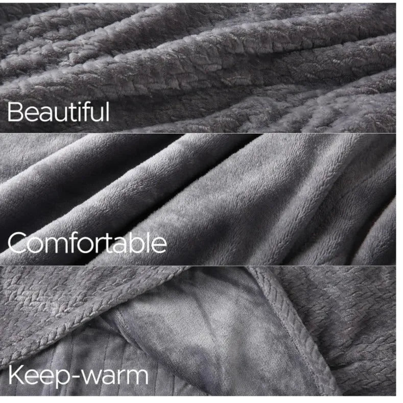 Gray cotton adjustable electric blanket on bed with three size options 90x140cm 130x180cm 210x180cm