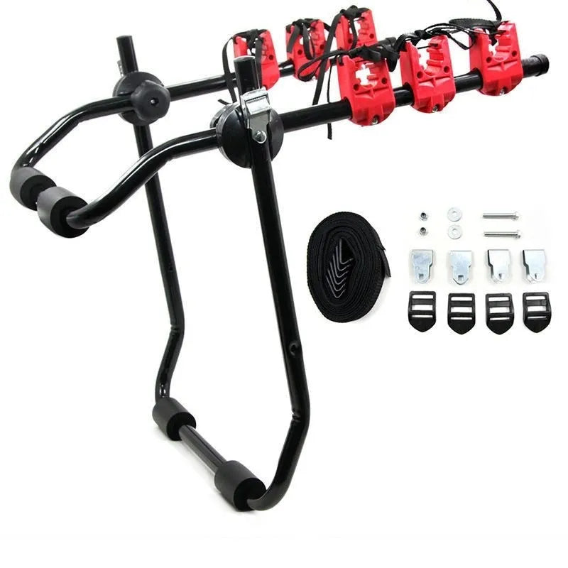 Black and red trunk mounted bike rack with iron frame and sponge padding, showing tie rope and pull belt fastening options.