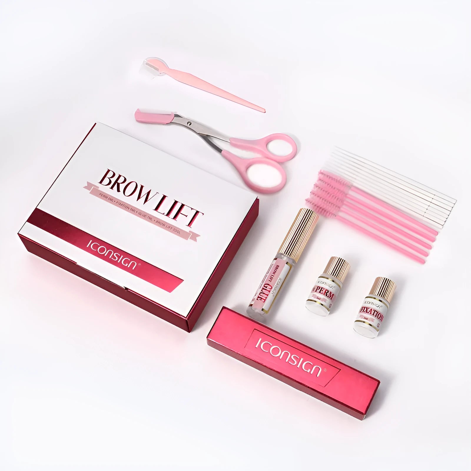 Pink suit-style eyebrow quick ironing and perm treatment kit.
