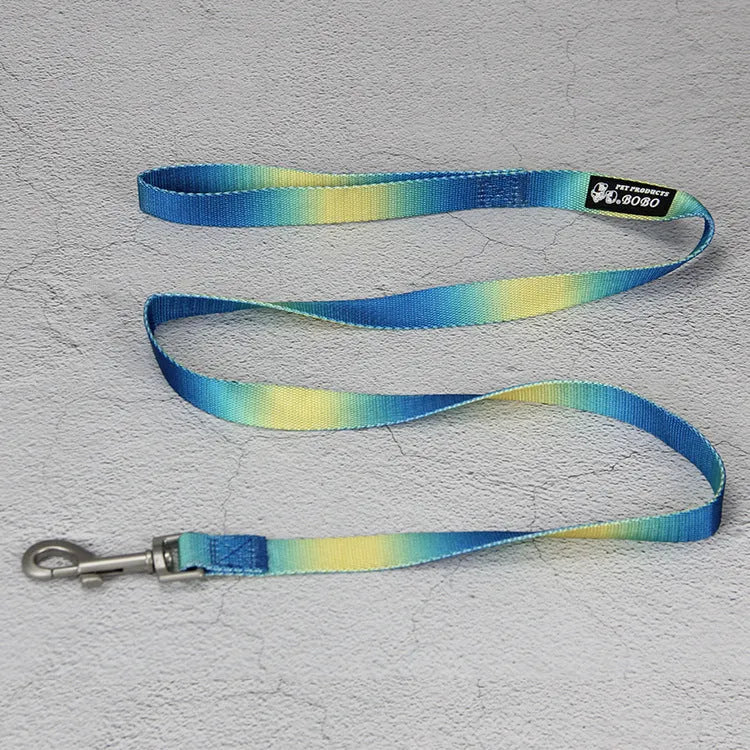 Nylon dog leash set showing gradient colour options including pink blue yellow purple green patterns