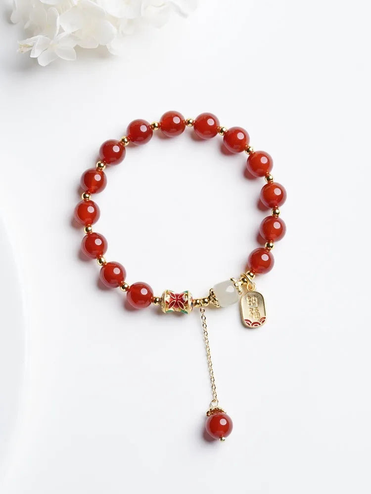 Red agate and Hetian jade beads bracelet with gold plating in three style variations