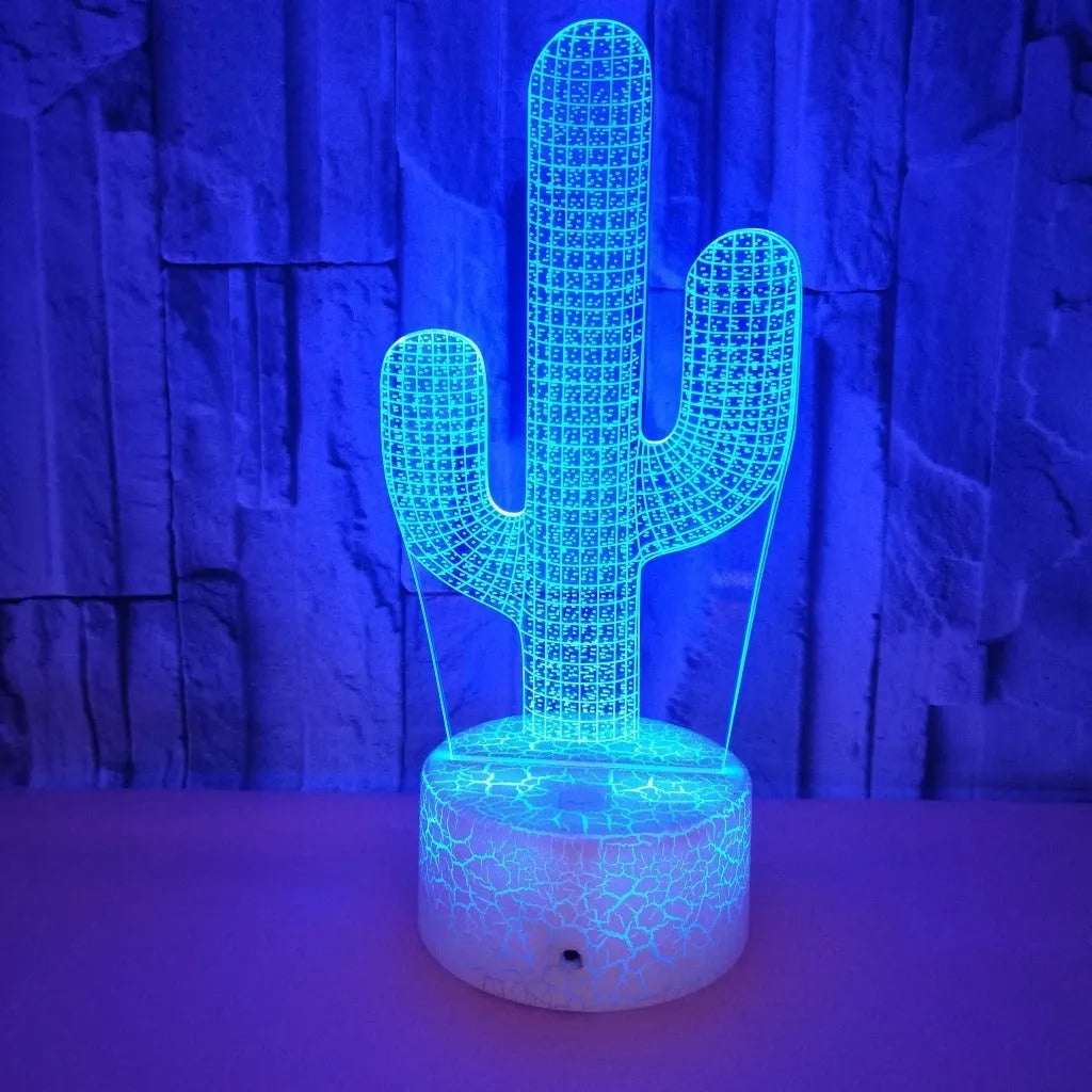 Cactus 3D small night lamp with remote control, multicolour touch operation, USB-powered acrylic and ABS base