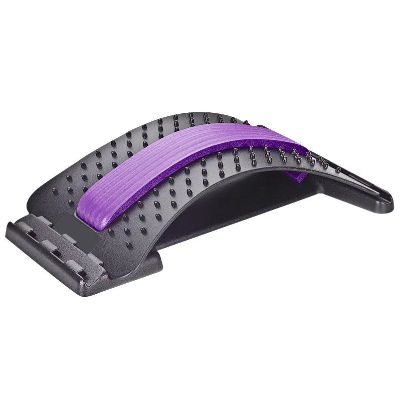 Adjustable back massager stretcher with magnetic therapy points on a black and purple background.