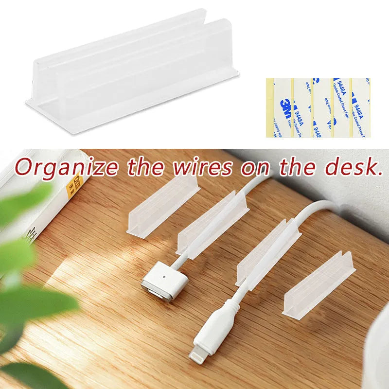 Plastic adhesive wall-mounted bracket for data cable management in bedroom bedside setting, available in multiple pack sizes
