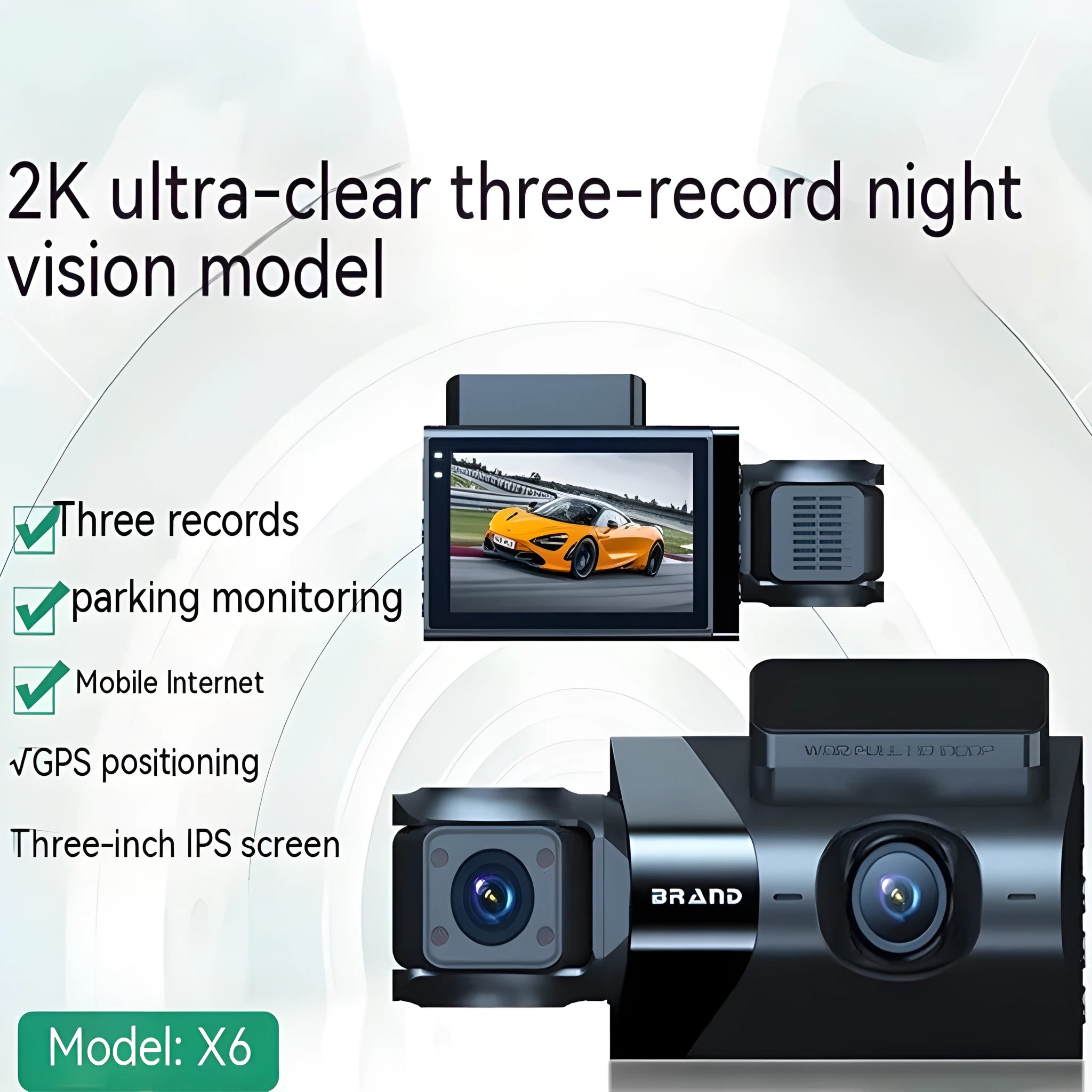 Black dashboard camera with 5-inch screen for front and rear 2K recording, GPS, and Wi-Fi connectivity.